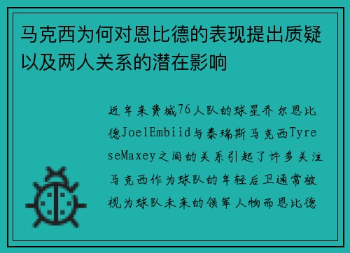马克西为何对恩比德的表现提出质疑以及两人关系的潜在影响