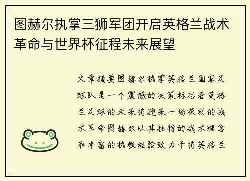 图赫尔执掌三狮军团开启英格兰战术革命与世界杯征程未来展望